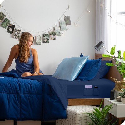 Dark Blue Microfiber Full Fitted Sheet with Dual Pockets