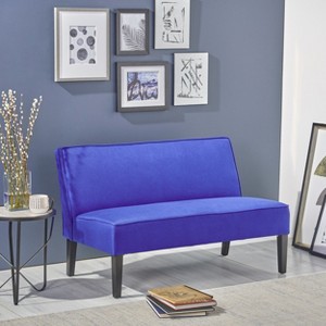 TiramisuBest Navy Blue Upholstered Settee, Button Tufted Loveseat with Wood Legs, Compact Sofa Bench for Small Spaces, Bedroom or Entryway - 1 of 4