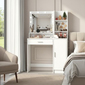 FONTOI 59"W Vanity Desk with Mirror and Light Large Drawer Three Level Storage Dresser for Woman Bedroom Dressing Room, White/Black - 1 of 4