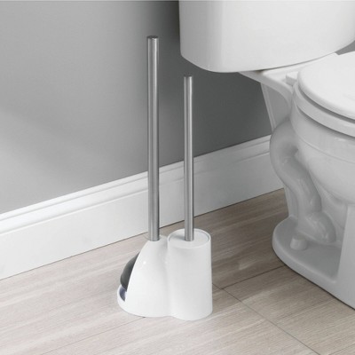 White Plastic Toilet Brush and Plunger Set with Stainless Steel Handles