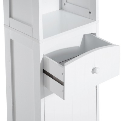 Slim White Free-Standing Bathroom Linen Tower with Storage Shelves and Drawer