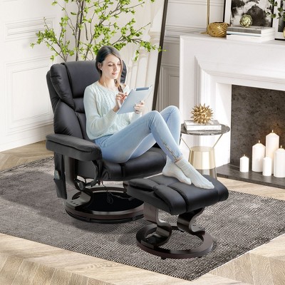 Black Faux Leather Massage Recliner with Ottoman and Metal Base