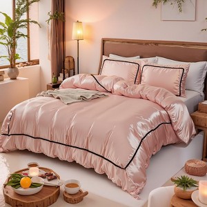 Satin Comforter Set Bed in a Bag – 7-Piece Luxury Pom Pom Bedding with Sheets & Pillowcases, Soft Silky All-Season Quilt - 1 of 4