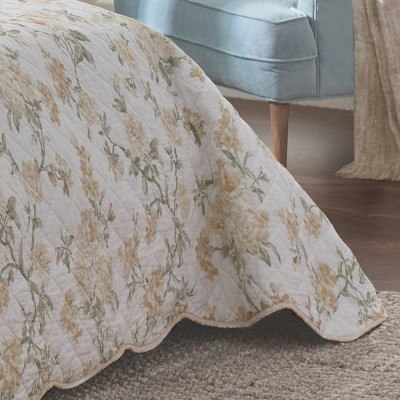 Elegant White Cotton Reversible Queen Bedspread with Floral Print