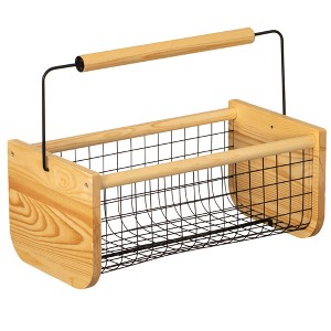 Gardenised Vintage Harvest Basket Pine Wood & Metal Mesh Wire Design Wooden Frame with Straight Handle for Fruits Vegetables - 1 of 4
