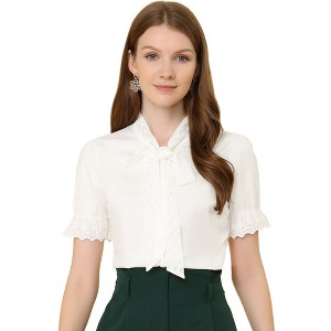 Allegra K Women's Embroidered Bow Tie Neck Puff Sleeve Office Work Shirt - 1 of 4