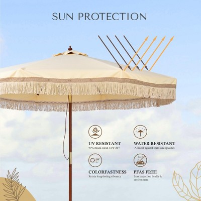 Butter Twisted Root Beige 9' Patio Umbrella with Cotton Fringe