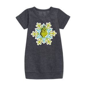 - Dr. Seuss - Grinch Face Snowflake Graphic Short Sleeve Fleece Dress - 1 of 4