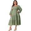 Agnes Orinda Women's Plus Size Square Neck Long Sleeve Smocked Flowy Tiered Casual Midi A-Line Dress Green - 3 of 4