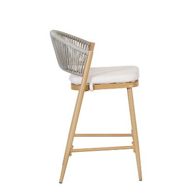 Maple Finish Aluminum and Rattan Outdoor Counter Stools with Cushions, Set of 2