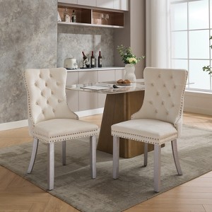 Gulches Milky White Tufted Dining Chairs Set of 2, High-End Velvet Upholstered Chairs with Nailhead Trim, Solid Wood Legs & Adjustable Pegs - 1 of 4