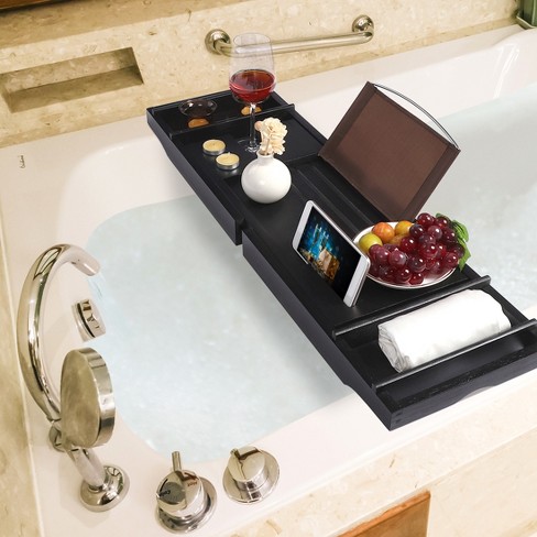 Unique Bargains Bathroom Adjustable Bamboo Bathtub Tray Bath Caddy with  Extendable Side Tray 40.2 x 8.9 x 1.6 Black 1 Pc