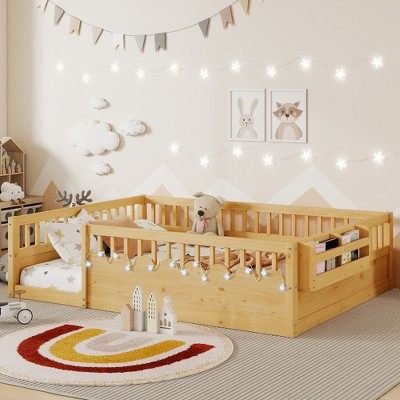 JUJABU Full Wood Floor Bed Frame with High Rails, Built-In Light & Storage Shelf for Kids