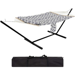 Hammock with Stand, Heavy Duty Portable Steel Frame Hammocks with Quilted Fabric, Outdoor Patio/Camping Hammock with Pillow and Carrying Bag - 1 of 4