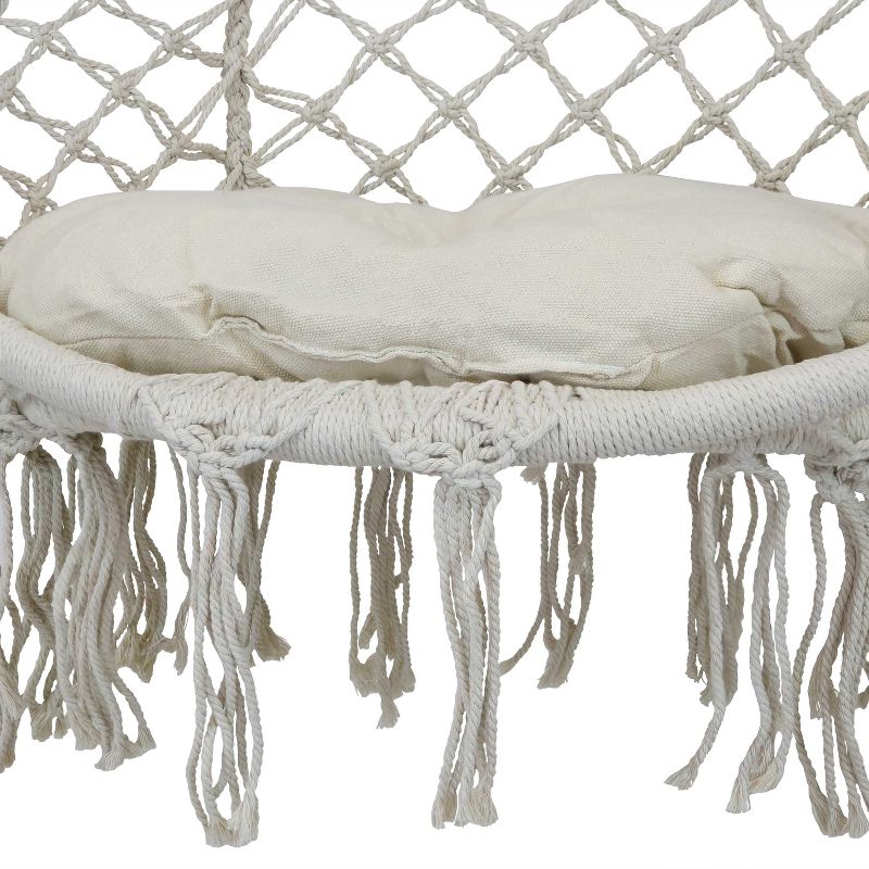 Sunnydaze Indoor/Outdoor Cotton Rope Hammock Chair Bohemian Macrame Hanging Netted Swing with Mounting Hardware, Seat Cushion, and Tassels - Off-White, 4 of 13