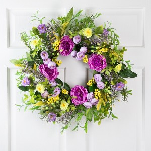 Northlight Peony Mixed Floral Springtime Wreath - 24" - Purple and Yellow - 1 of 4