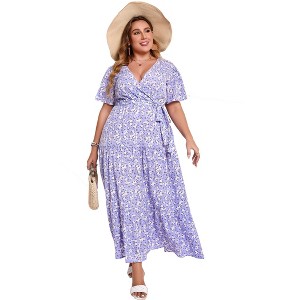 Garvee Women Plus Size V Neck Wrap Maxi Dress High Waist Ruffle Summer Casual Dress with Belt Short Sleeve,purple white flowers,5XL - 1 of 4