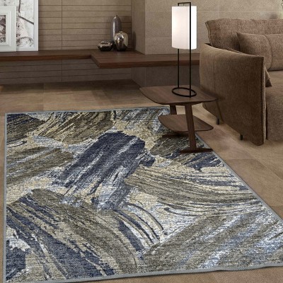 Blue and Beige Abstract Brushstroke Nylon Area Rug, 7'x9'