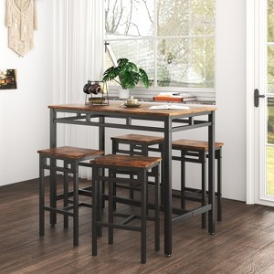 Bar table set 5PC Dinging table set with high stools, structural strengthening, industrial style. Rustic Brown, 43.31'' L x 23.62'' W x 35.43'' H. - 1 of 4