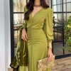 Coolmee Women's Cocktail Dresses Bishop Sleeve V Neck Bodycon Dress Ruched Waist Formal Maxi Dress - 4 of 4