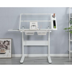 Okak Tempered Glass Drawing Drafting Table with Metal Drawers & Stool,Hand-Operated Adjustable Drafting Desk for Artist - 1 of 4