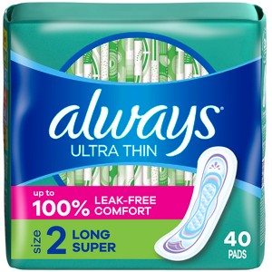 Always Ultra Thin Pads Size 2 Super Long Absorbency Unscented Without Wings - 40ct - 1 of 4