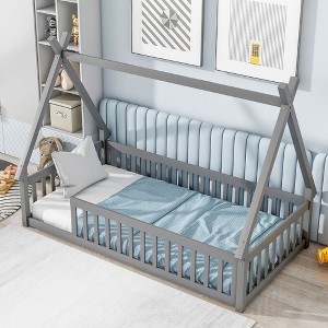 Okak Twin/Full Size Floor Bed Frame with Removable Tent-Shaped Roof &Safety Guardrails for Toddlers 2-6 Years, Easy Assembly Kids Bed, Kids Room - 1 of 4