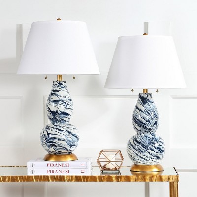 Navy and White Marbleized Glass Table Lamp Set with Gold Accents