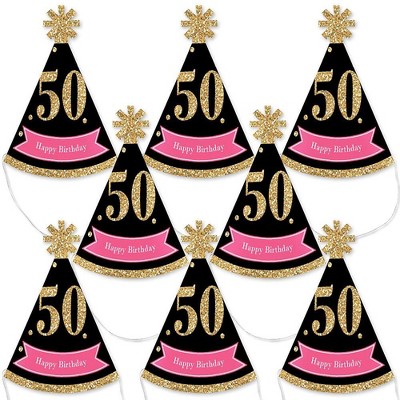 Big Dot of Happiness Chic 50th Birthday - Pink, Black and Gold - Mini Cone Birthday Party Hats - Small Little Party Hats - Set of 8