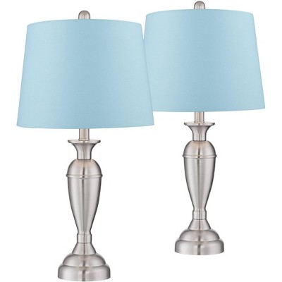 Regency Hill Modern Table Lamps Set of 2 Brushed Nickel Silver Metal Blue Hardback Drum Shade for Living Room Bedroom House Home