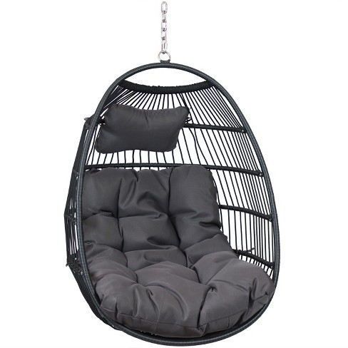 Sunnydaze Outdoor Resin Wicker Julia Hanging Basket Egg Chair Swing with Cushions and Headrest Gray 2pc