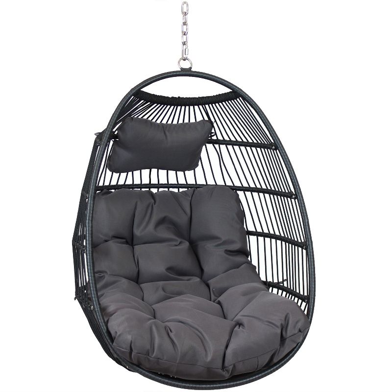 Sunnydaze Outdoor Resin Wicker Julia Hanging Basket Egg Chair Swing with Cushions and Headrest - 2pc, 1 of 11