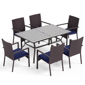 Captiva Designs 7pc Patio Dining Slat-top Rectangle Steel Table & Rattan Chairs with Cushions - 1 of 4