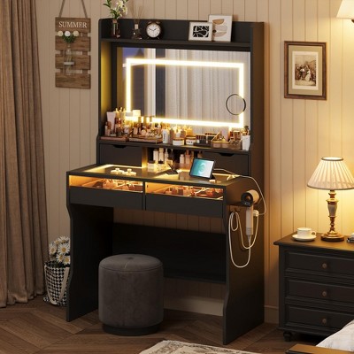Whizmax Vanity Desk with Mirror and Lights, Makeup Vanity with 4 Drawers, 3 Adjustable Lighting Modes & Power Outlet, Small Vanity for Bedroom