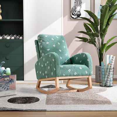 26.8"W Nursery Rocking Chair, Mid Century Accent Rocker Armchair With Side Pocket, Upholstered High Back Rocking Chair for Living Room Kids Room