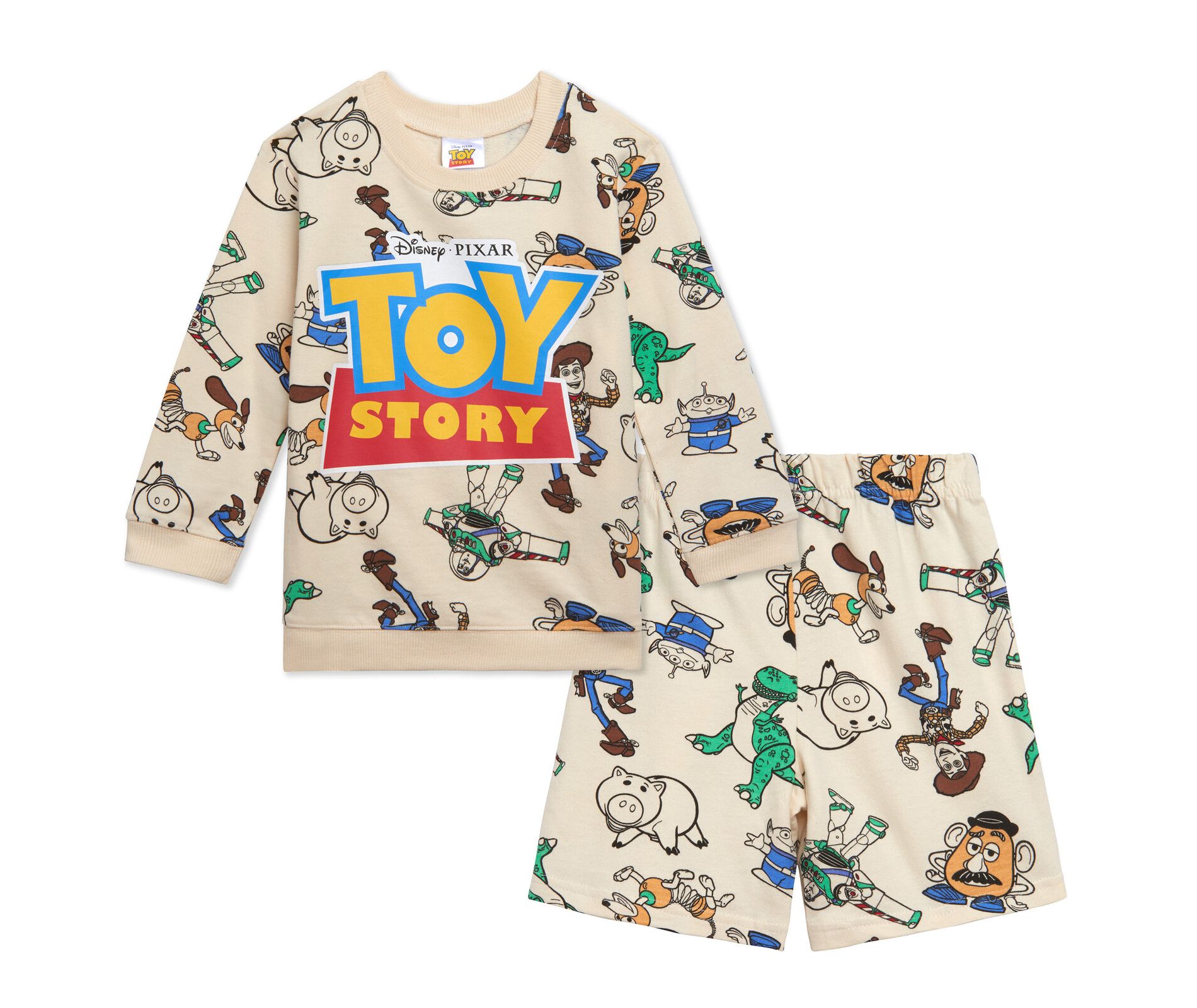 Disney Toy Story Woody Buzz Lightyear Rex Slinky Dog Toddler Boys French Terry Sweatshirt and Shorts Beige Toy Story 4T