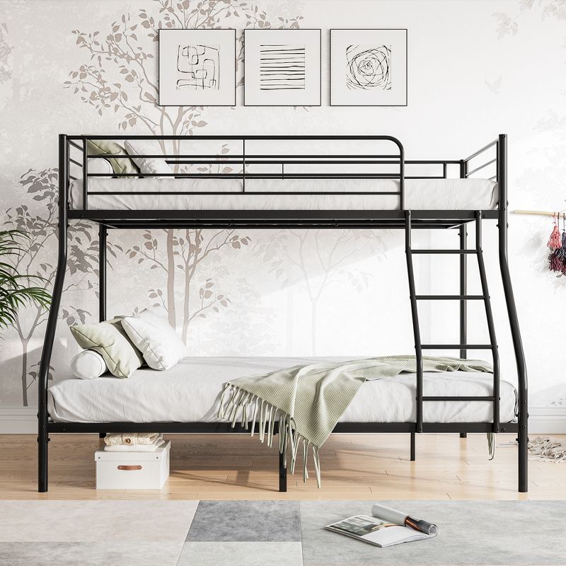 Twin-Over-Full Metal Bunk Bed with Ladder and Enhanced Upper-Level Guardrail, Black-ModernLuxe, 1 of 9