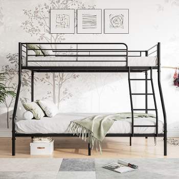 Twin-Over-Full Metal Bunk Bed with Ladder and Enhanced Upper-Level Guardrail, Black-ModernLuxe