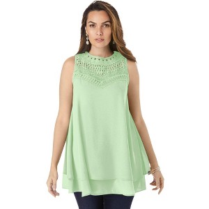 Roaman's Women's Plus Size Lace Yoke Top - 1 of 4