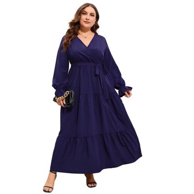 Womens Plus Size V Neck Wrap Maxi Dress High Waist Ruffle Summer Casual Dress with Belt