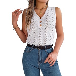 Womens Knit Sweater Tank Tops Casual Summer V Neck Loose Fit Sleeveless Button Pointelle Shirts - 1 of 4