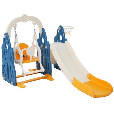 Blue and Orange 4-in-1 Toddler Slide Swing Set with Basketball Hoop