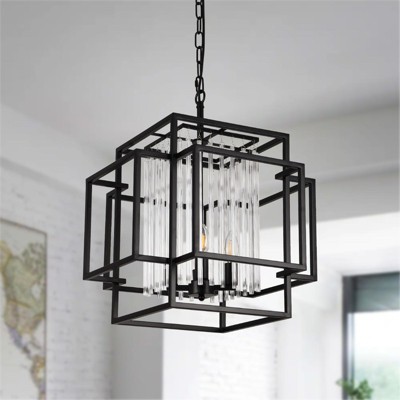 PAKOKULA Modern Industrial 18.1 in. 4-Light Black Geometric Chandelier with Clear Crystal Shades