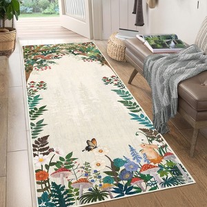 Floral Bordered Accent Carpet, Non-Slip Geometric Floor Cover, Stain-Resistant Low Pile Indoor Mat for Playroom, Living Room - 1 of 4
