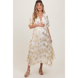 PinkBlush Cream Metallic Floral Jacquard Overlay Maternity Maxi Dress - 1 of 4
