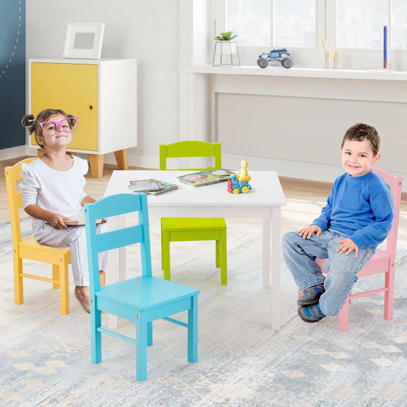 Costway 5 Piece Kids Wood Table Chair Set Activity Toddler Playroom Furniture Colorful, 5 of 13