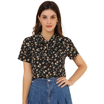 Allegra K Women's Bow Tie Neck Short Sleeve Floral Printed Chiffon Blouse