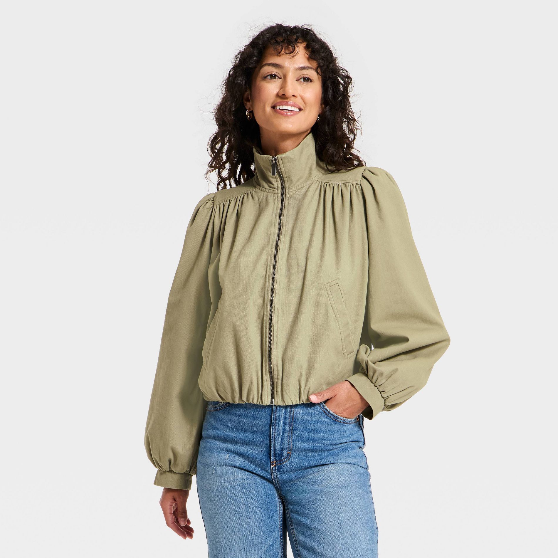 Women's Cropped Femme Twill Bomber Jacket - Universal Thread™ Tan