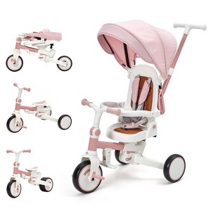7-in-1 Foldable Baby Tricycle with Adjustable Parent Handle – Toddler Trike with Safety Harness, Wheel Brakes & Removable Canopy - 1 of 4