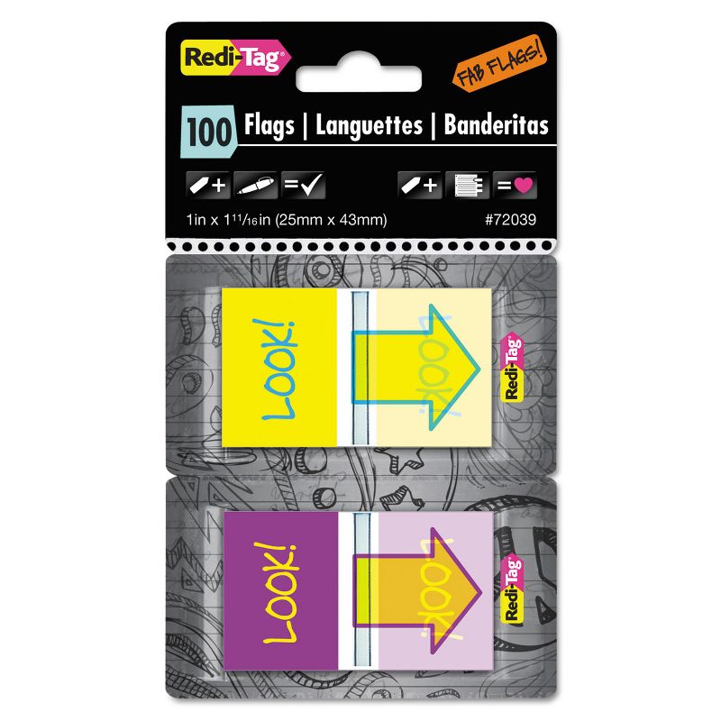 Redi-Tag Pop-Up Fab Page Flags w/Dispenser "Look!" Purple/Yellow; Yellow/Teal 100/Pack 72039, 1 of 2